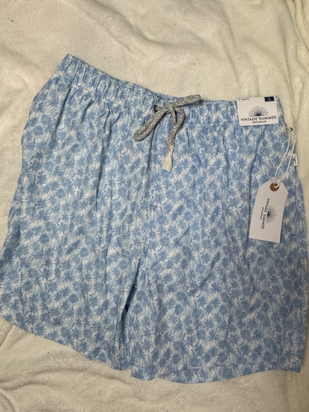 Vintage Summer Light Blue Palm-Print Swim Trunks